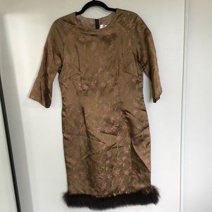 Fur trimmed vintage floral dress